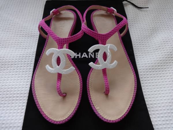 シャネルCHANEL★USED★トング サンダル36ピンク×白/ココマーク