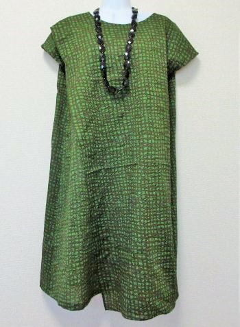 ▲1点物ハンドメイド/グリーン系重ね身頃しわワンピース難アリ▼