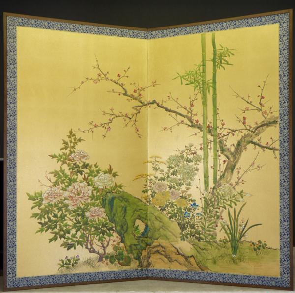 【都屋】金砂子四君子図二枚折屏風 紙本肉筆 無落款