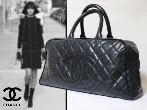 H16B◇シャネル/マトラッセ/ミニボストンバッグ/キャビアスキン