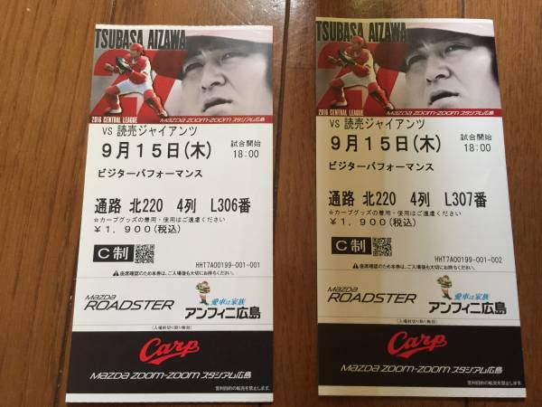 6/6土14時広島カープ対オリックス戦 ペアチケット 2枚連番