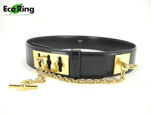 1円 美品 セリーヌ レザー デザイン ベルト ネイビー AD130