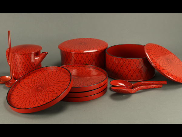 【琴》茶懐石道具 朱塗網目懐石道具揃 箱付 AN924