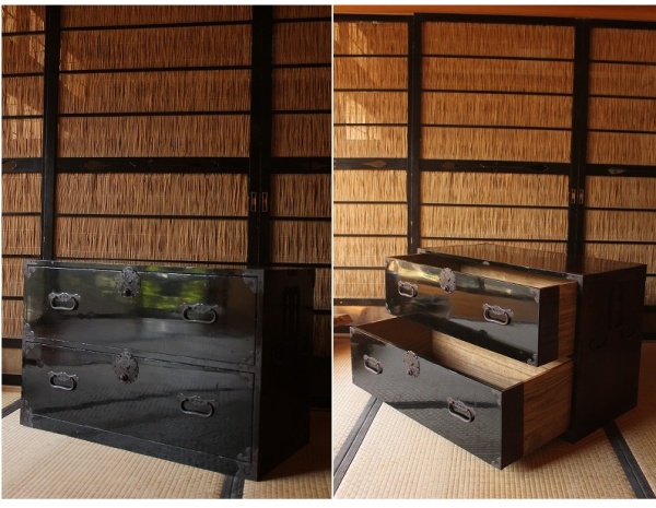 жdenbeeж丸金具庄内箪笥2段/中桐時代箪笥/黒漆塗り/収納 日本 箪笥