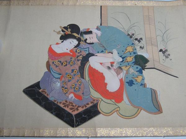 集】1107019巻物絹本肉筆春画浮世絵長巻男女人物絵12絵明治期(人物