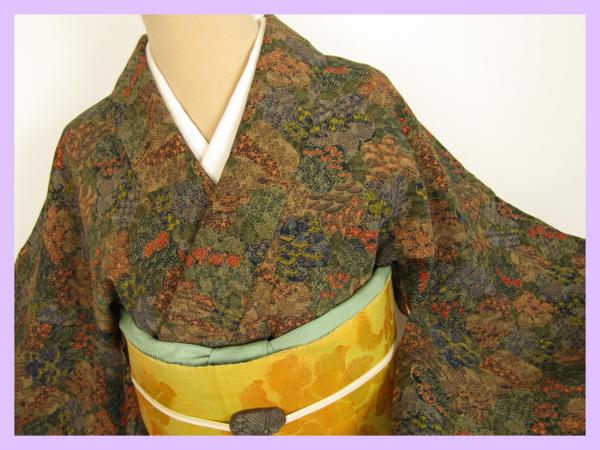 ◆衣紋屋◆3062 ちりめん 小紋着物 切り嵌め文様 正絹 袷 L寸