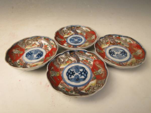 古伊万里 金襴手 人物桜菊 小皿 豆皿 4客 江戸後期 8028h