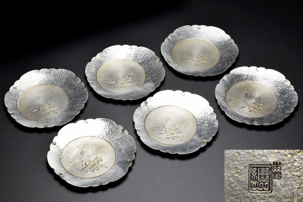 【継山造本錫桜花文雪輪式茶托六客】 煎茶道具錫器茶具托子