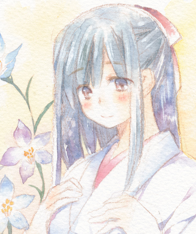 ☆手書き イラスト☆ 水彩/オリジナル 巫女さん(手描きイラスト)｜売買