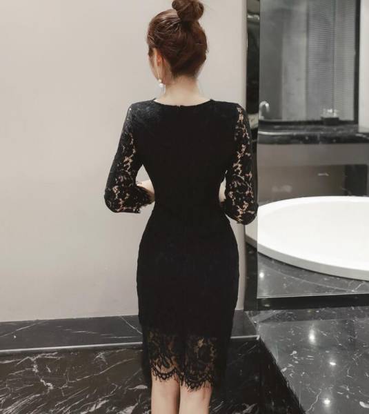 レディースワンピースドレス通勤ワンピタイト　大人　レース黒