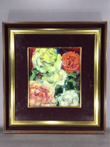 田川勤次油彩色紙画「ばら」