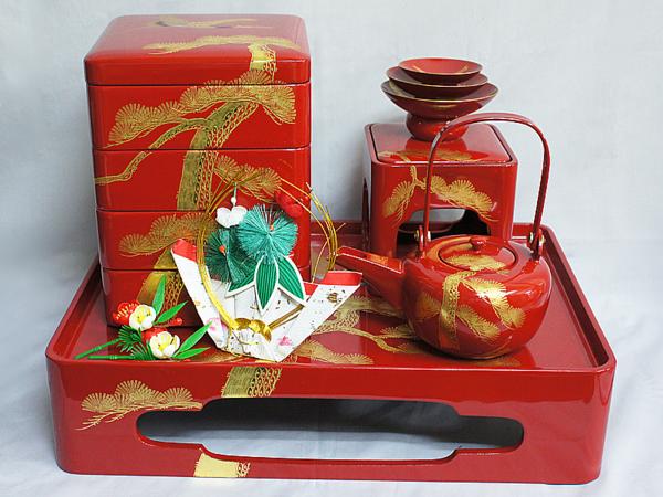 沈金彫・会津塗朱屠蘇器 ５ツ揃