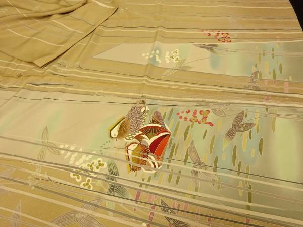 ★鴛鴦に竹笹等【蒔き染め／手描き友禅・訪問着未仕立品】