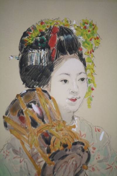 芸術院会員 宮本三郎 「舞妓・ 鼓」 限定木版画 サイン入り(木版画