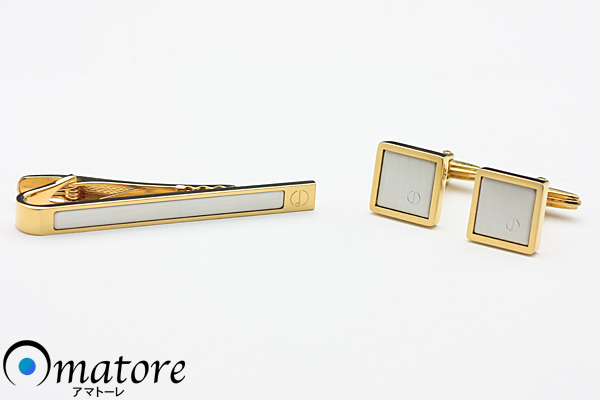 美品◇dunhill ダンヒル カフス&タイバーセット GP/シルバー◇箱
