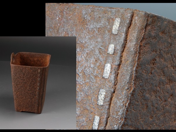 [蔵出/明治期金工師匠造/和鉄岩肌鋲打銀象嵌紋双耳花生1420ｇ/402