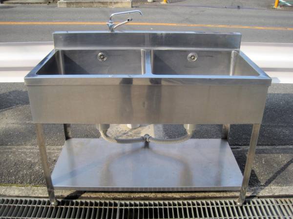 【１円】～二槽シンク■ホース付き流し台■１２０ｃｍ■清掃済み_1