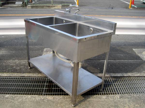 【１円】～二槽シンク■ホース付き流し台■１２０ｃｍ■清掃済み_2