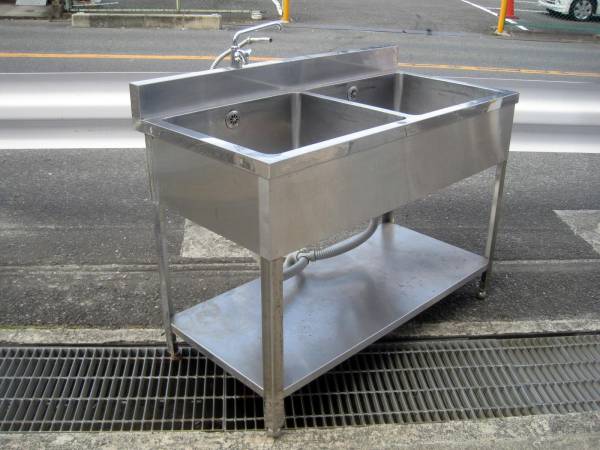 【１円】～二槽シンク■ホース付き流し台■１２０ｃｍ■清掃済み_3