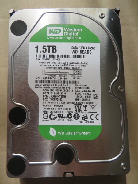 [検査良品] WesternDigital製 3.5インチ SATA 1.5TB HDD WD15EADS (使用時間 139時間)