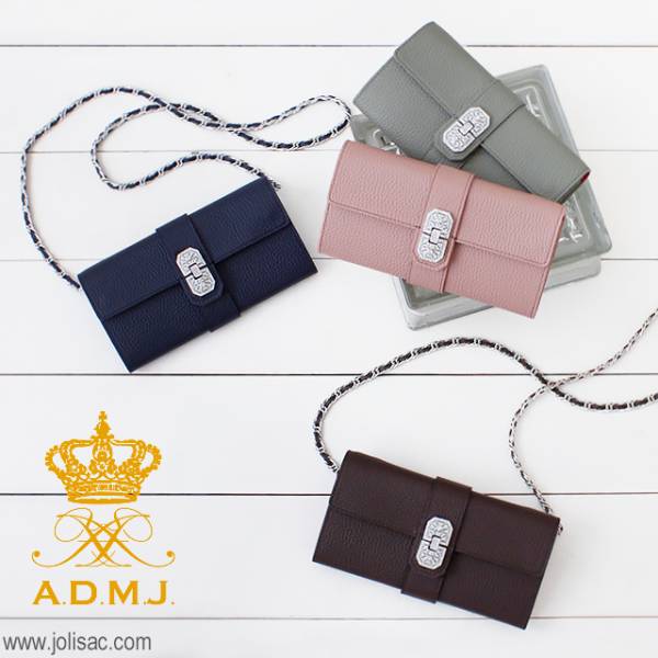 556☆新タグ付ADMJ アクセソワ スワロフスキー装飾 チェーン付長財布灰系