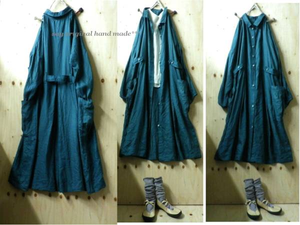 ２wayくったりリネン１００leafグリーン春コートちび襟シャツＯＰ　ハンドメイド