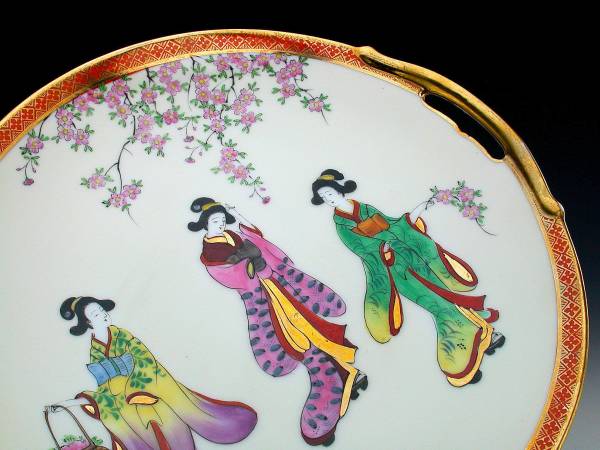 オールドノリタケ・金彩芸妓花見図紋両耳皿 オールドノリタケ銘品!! オールドノリタケ・金盛上黒帯野薔薇装飾紋図八卦