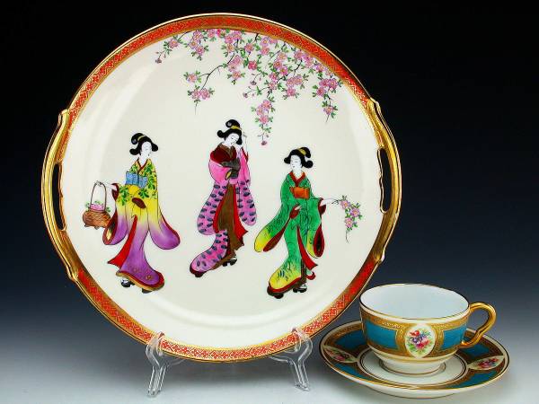 オールドノリタケ・金彩芸妓花見図紋両耳皿 オールドノリタケ銘品!! オールドノリタケ・金盛上黒帯野薔薇装飾紋図八卦