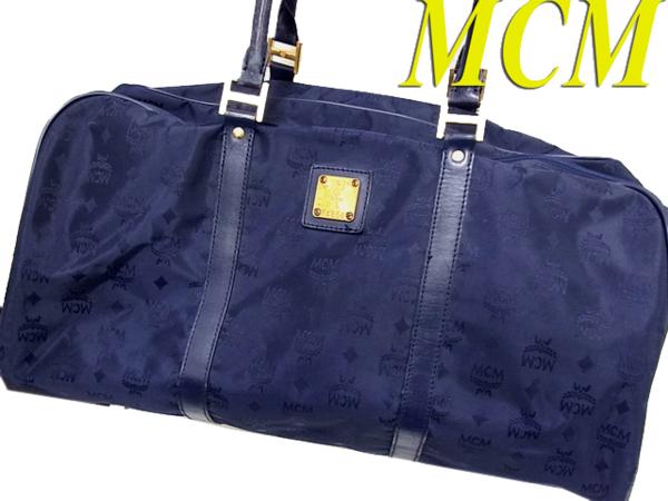 ○大容量○エムシーエム MCM レザー切替 ボストンバッグ 2WAY 大きめサイズ 総ロゴ柄 ダークネイビー 濃紺 メンズ レディース 男女兼用