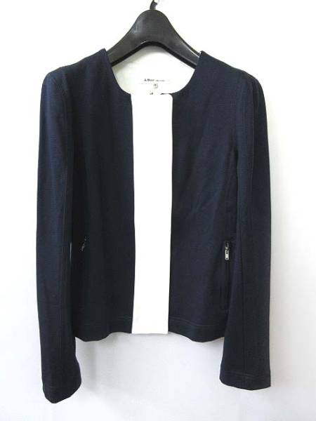 未使用品 ジュンコシマダ 49 AV JUNKO SHIMADA ジャケット ノーカラー 配色 ジャージ ポンチ 38 紺 白 春夏秋 レディース