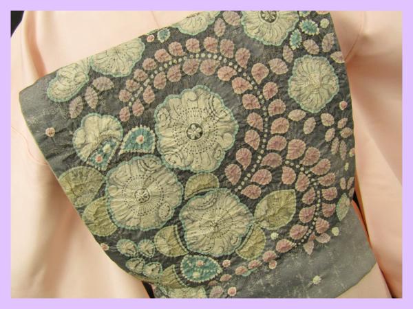 ◇衣紋屋◇5624 【1円～】辻が花文様 袋帯 ふくれ織り グレー系 【定番