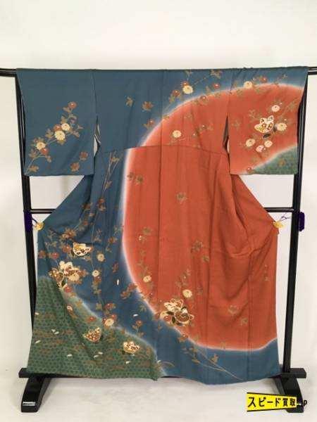 スピ買■ 着物 1円 名品 訪問着 青灰色 草花文 露芝 有職文様 染分け 金彩 落款有 正絹 袷 161cm Mサイズ