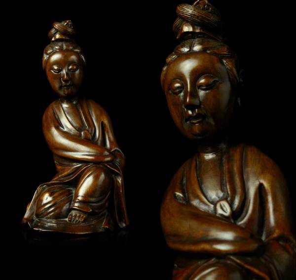【櫻】時代古玩 柘植 観音菩薩像 置物 仏教美術 極上品.ga