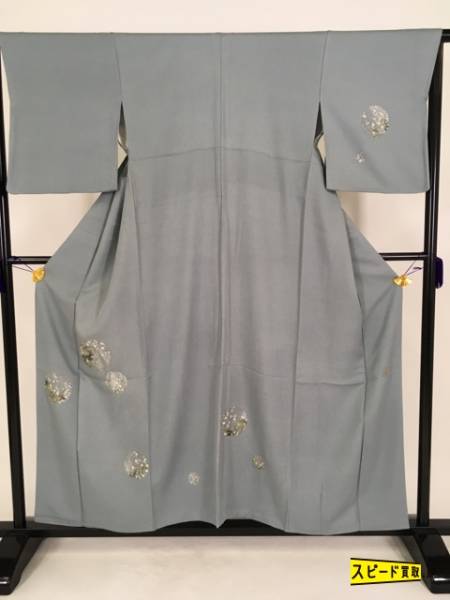 スピ買■ 着物 1円 美品 付下げ 青灰色 梅 刺繍 銀糸 銀彩 落款有 正絹 袷　157.5cm Sサイズ 名品