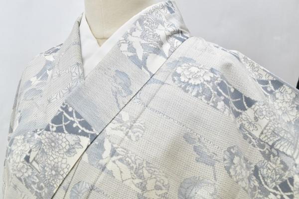 ◆着物セレク◆ 1円 白大島紬 正絹 花 ヱ霞文様 着物
