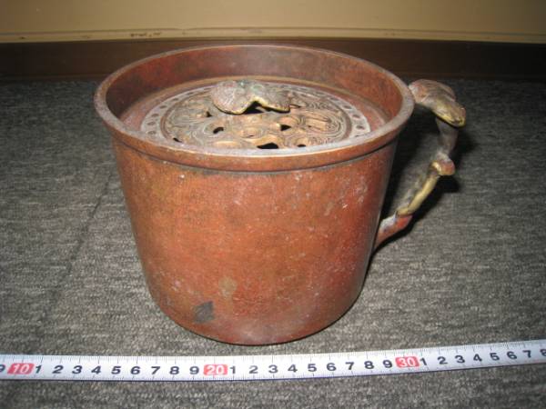 鉄瓶 龍文堂造 AH- 茶道具 湯沸 銅蓋 細工漢詞文 煎茶道具 懐 明治期