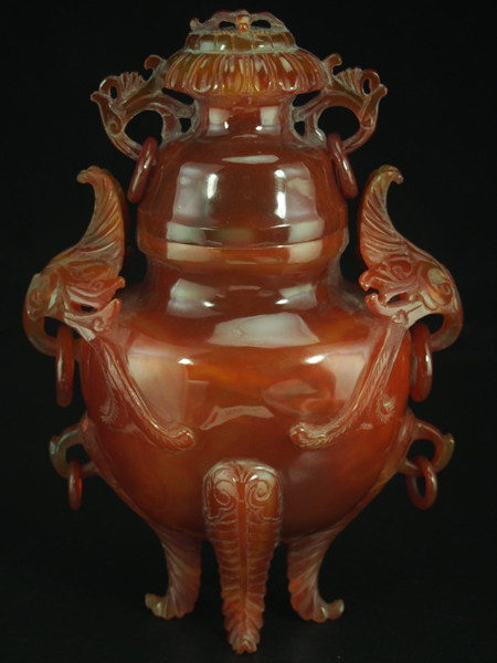 治】中国古玩 瑪瑙造遊嵌耳三脚香炉☆床飾り 置物 RG261