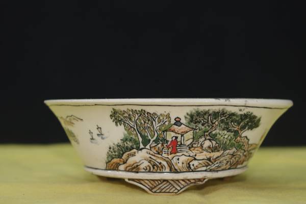 ★盆栽日和★　和鉢　越前芳水　五彩絵山水図外縁丸鉢・共布　10㎝