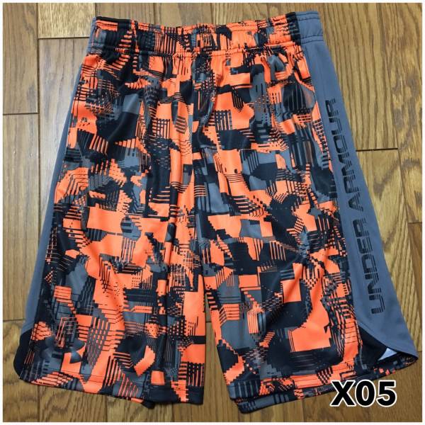 X05XL■新品★UA アンダーアーマー 160cm YXL キッズ 子供 バスパン ハーフパンツ オレンジ灰■バスケ ダンス 部活