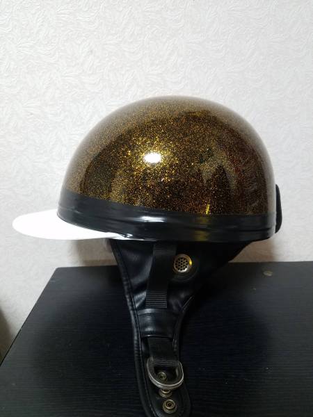 美品☆コルク半ヘルメット！！黒金ラメ！！皮ベルト！！旧車會。暴走族。単車。