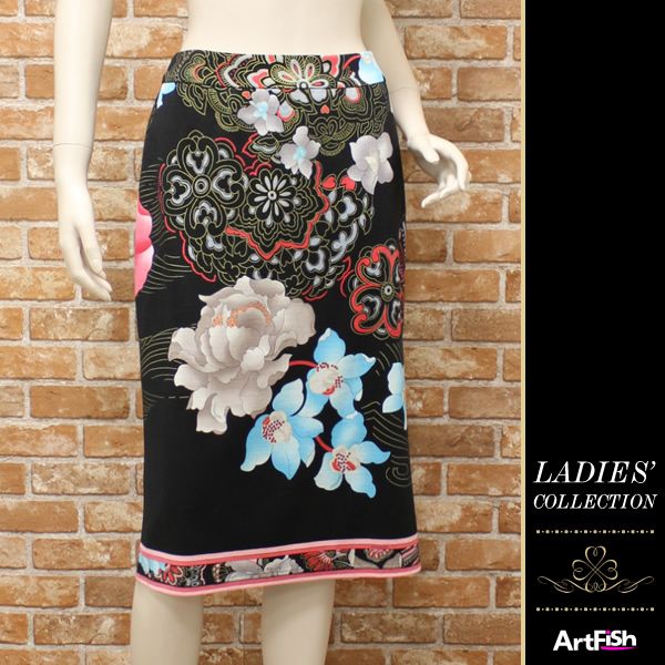 1円 LEONARD FASHION ◇ 日本製 定価9万 ブラック系 フローラルプリント セミフレアスカート w490*42新品