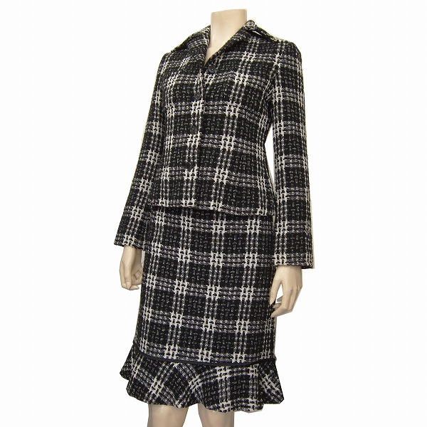 N美品☆DKNY*ダナキャラン★華やぎ白黒ツイード★裾フリル★フォーマル対応*色香な美女スカートスーツ★サイズ2号
