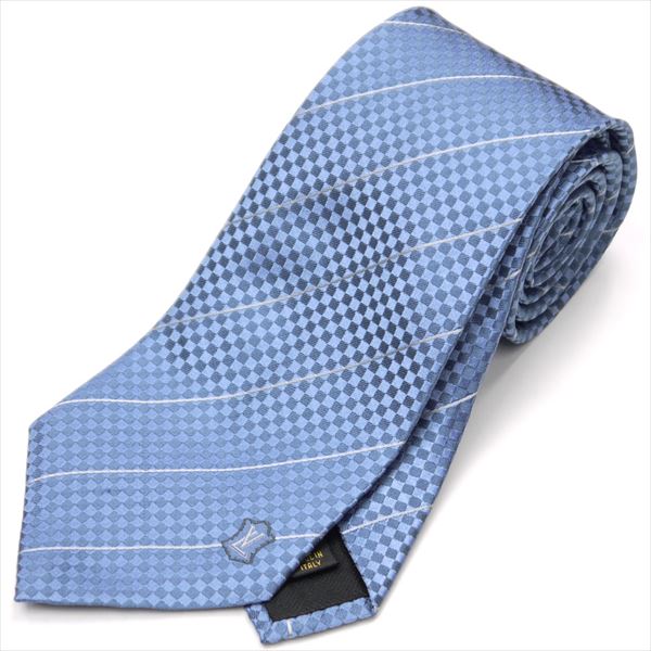新品/ルイ・ヴィトン/LOUIS VUITTON/ネクタイ/クラヴァット・エク/ブルー/シルク100％/レジメンタル/ダミエ/メンズ/51385