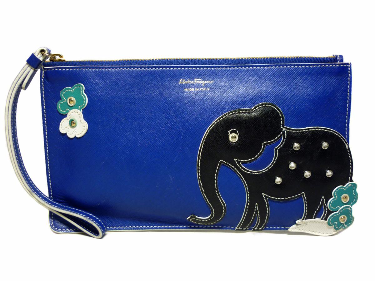 Ferragamo フェラガモ レザー クラッチバッグ ポーチ リストレット (ブルー/象) アップリケ ラインストーン レアもの 特価