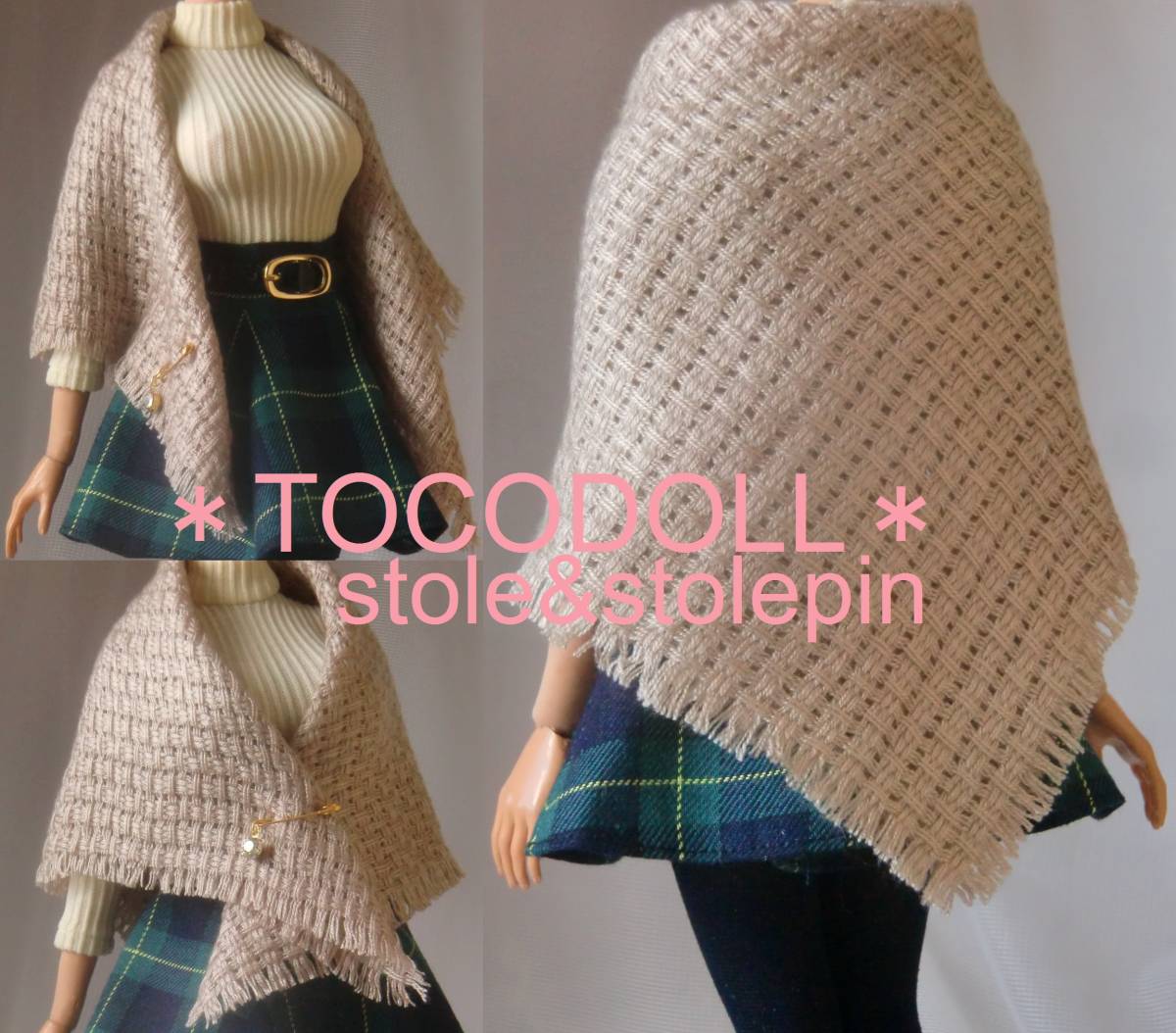 ＊tocodoll＊ Phicen/TBLeague ストール&ストールピン ベージュ 格子織柄 送料無料 ファイセン 1/6　