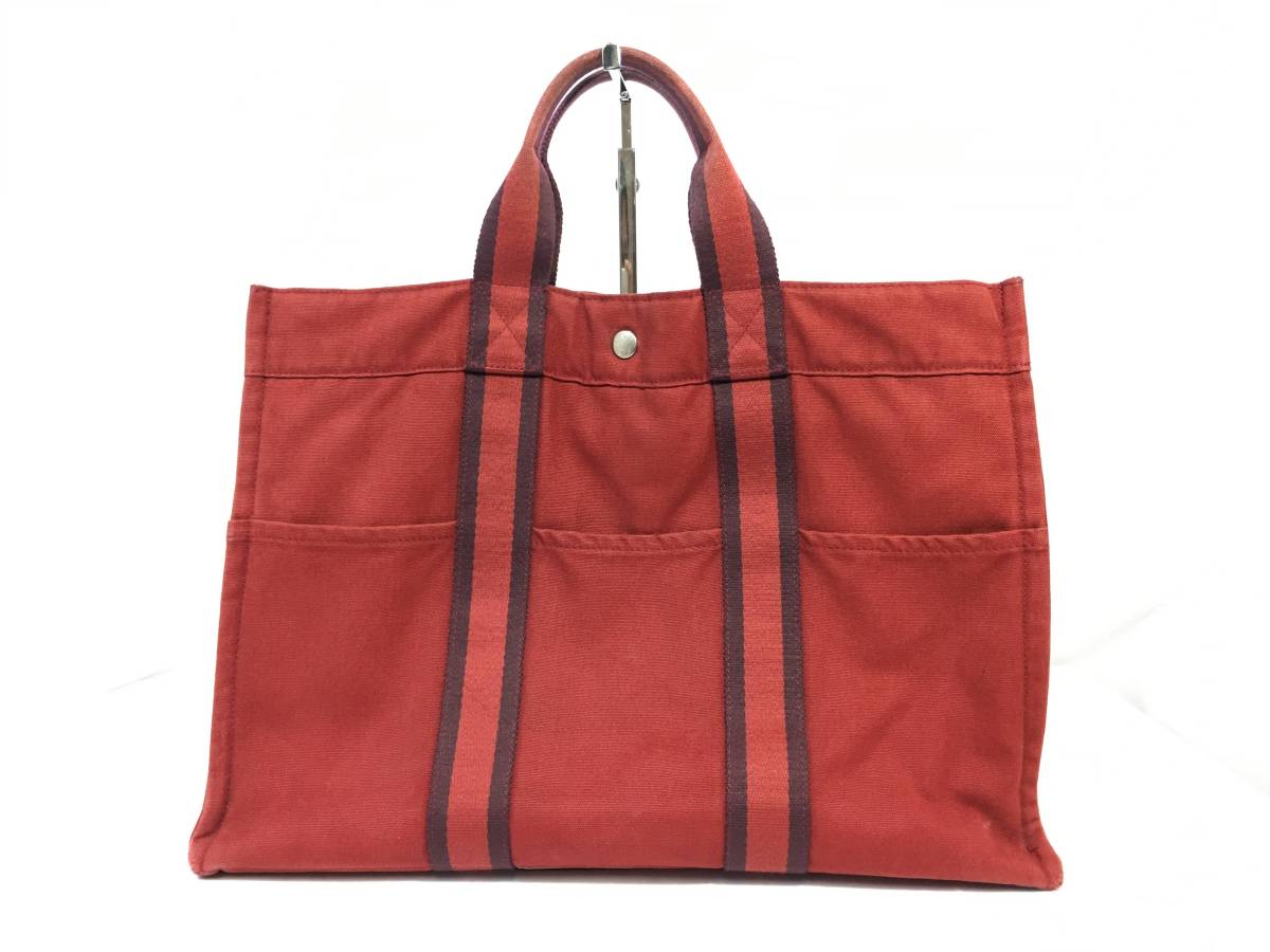 レッド HERMES トートバッグ エルメス キャンバス フールトゥMM 中古 