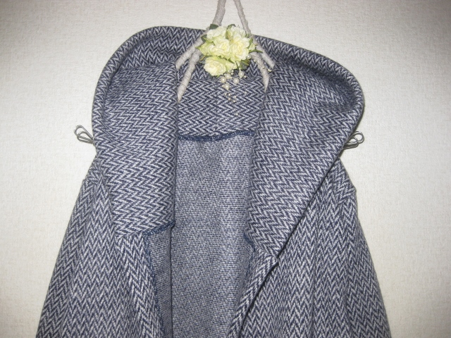 10　ハンドメイド☆ウール　ヘリンボーン柄　フード付きシンプルコート☆XL~