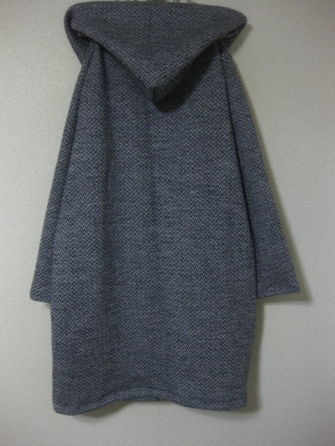 10　ハンドメイド☆ウール　ヘリンボーン柄　フード付きシンプルコート☆XL~