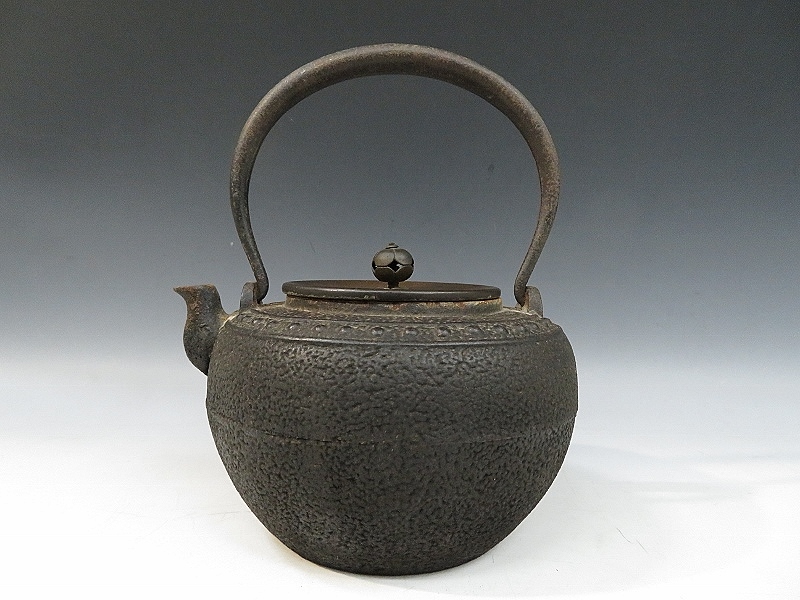 無銘 銅蓋柚子肌筋丸地紋鉄瓶（1027検:万代屋