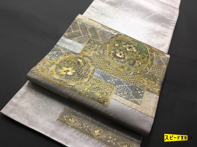 スピ買■ 着物 1円 逸品 袋帯 銀色 草花 汕頭刺繍 螺鈿 金彩 金糸 お太鼓柄 正絹 ☆☆☆☆☆